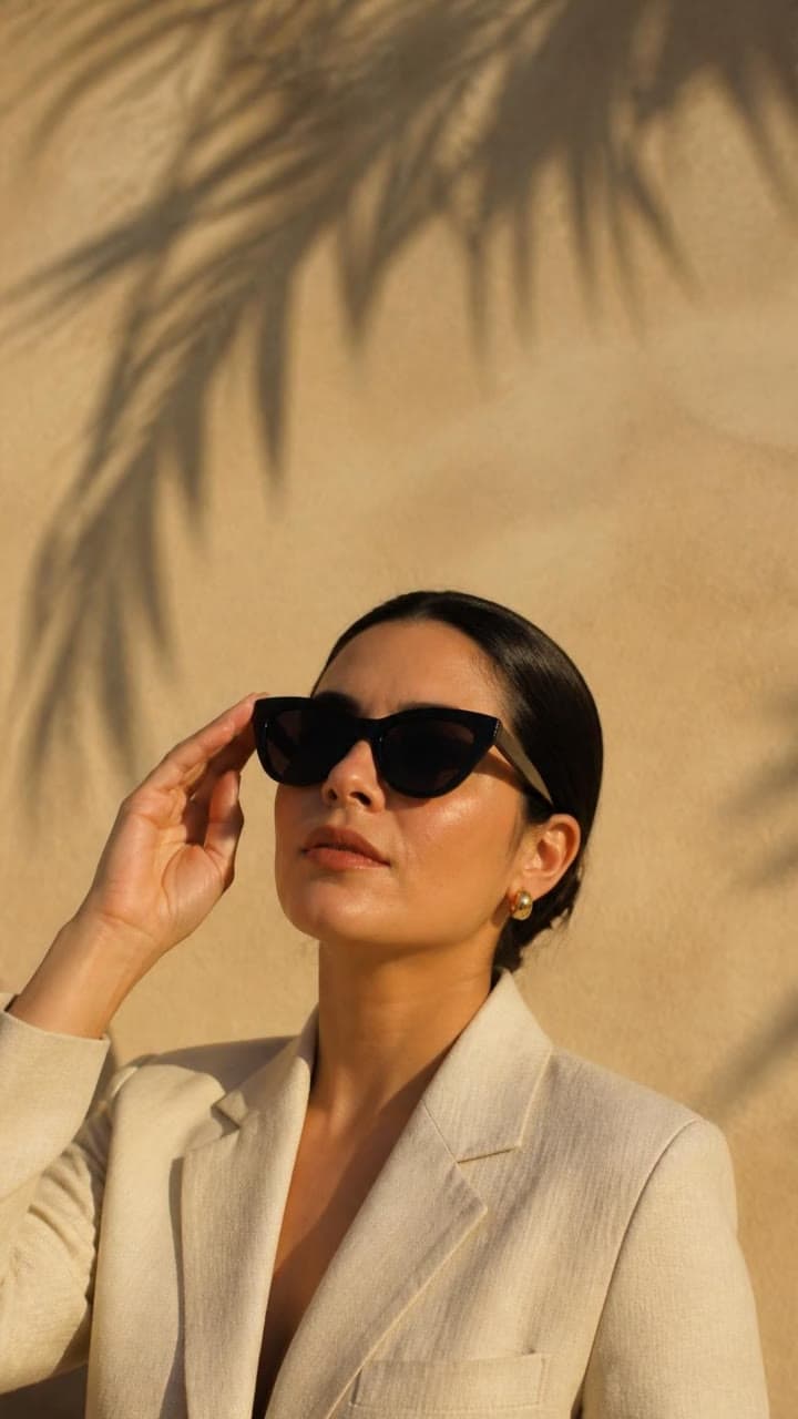 Mujer con lentes cat-eye negros frente a un muro de cal con sombra de palma, al atardecer en Culiacán